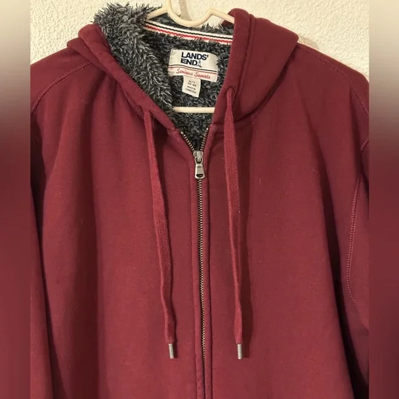 Land’s End Serious Sweats Hoodie Men Burgundy Full Zip Sherpa Fleece Size M/T - Picture 2 of 7